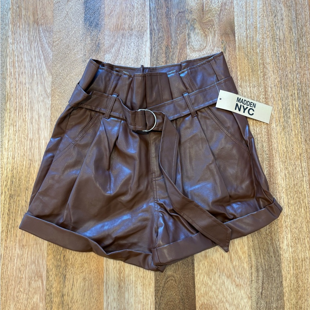 Madden NYC Faux Leather Belted Shorts – Size S | Chocolate Brown | NWT